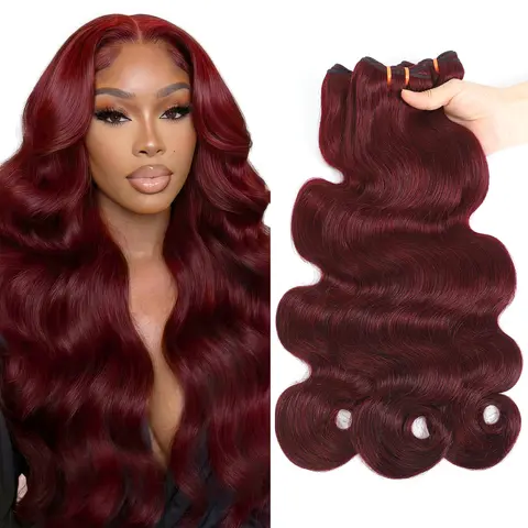 WIGCHIC 99J Burgundy Body Wave Human Hair Bundles 1/3/4 PCS,Red Colored Human Hair Extensions for Quick Weave