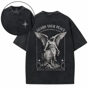 Retro Washed Black Oversized Christian Tee with Guard Your Peace Quote & Guardian Angel Print, Focus Faith Strength Verse, Minimalist Religious Grunge Aesthetic Shirt, summer outfits