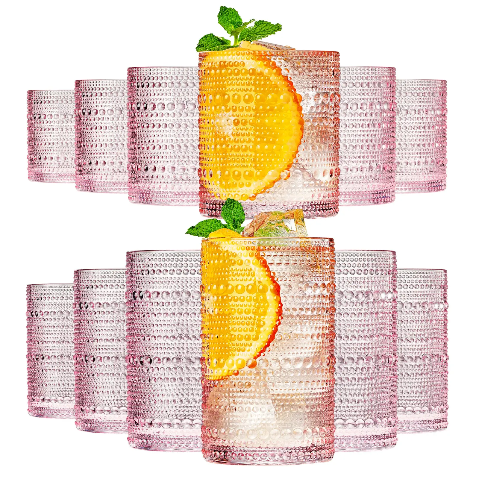 Khen Hobnail Beaded Highball Drinking Tumbler Glasses | Set of 12 | Pink Blush Color, Vintage Bubble Design Whiskey Glassware, Old-Fashioned, Embossed Design for Water, Wine, Cocktail, Rocks Glass