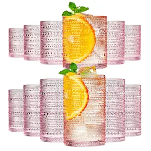 Khen Hobnail Beaded Highball Drinking Tumbler Glasses | Set of 12 | Pink Blush Color, Vintage Bubble Design Whiskey Glassware, Old-Fashioned, Embossed Design for Water, Wine, Cocktail, Rocks Glass