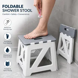 Shower Stool for Shaving Legs, 1 Pack Foldable Foot Rest Step Stool for Inside Shower, Waterproof Plastic Corner Shaving Stool in Gray White, Small Space Saving Bathroom Helper for Leg Shaving, Foot Washing and Daily Shower Care