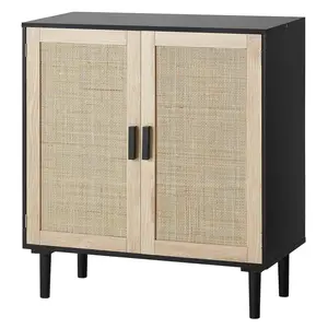 【Summervibes】Rattan Cabinet Storage with 2 Magnetic Doors and Adjustable Shelves Black