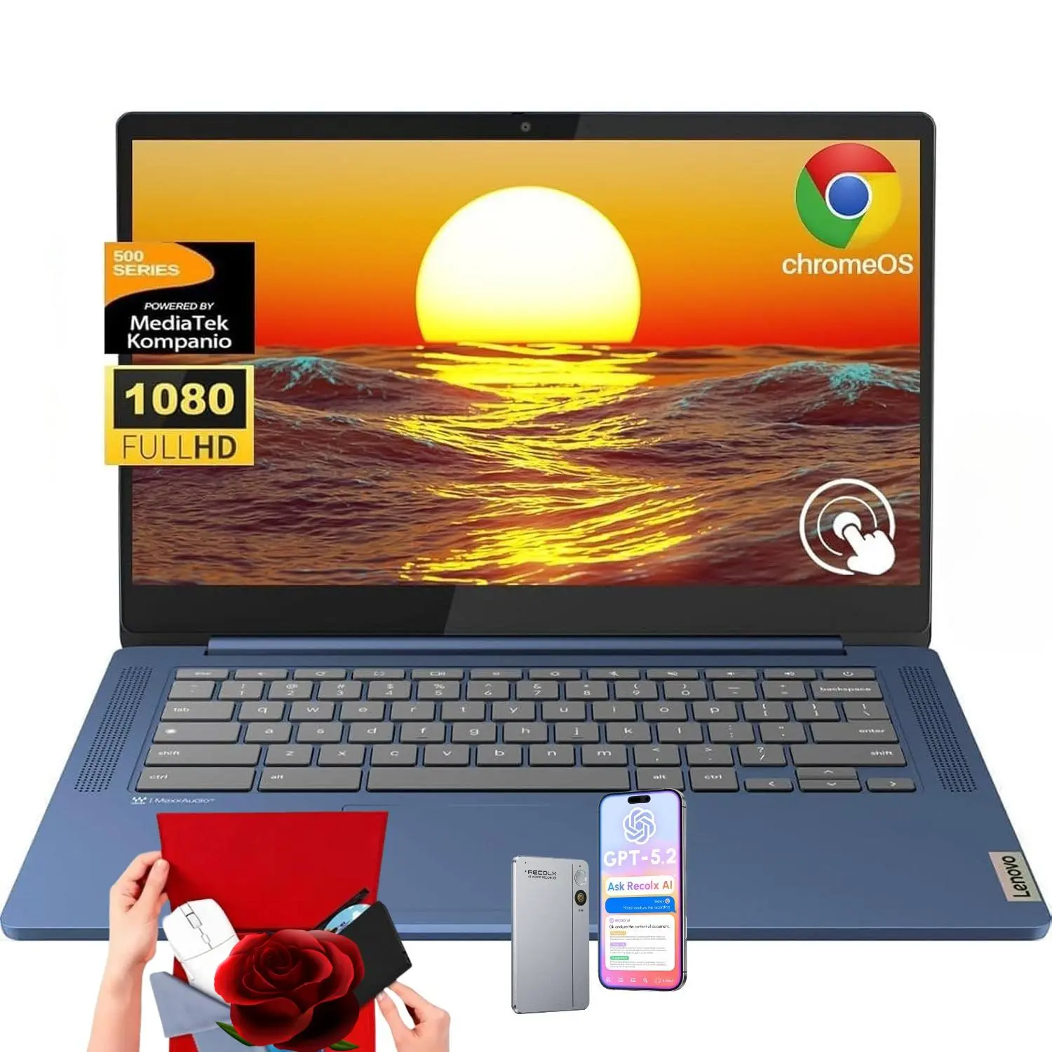 Lenovo 2026 Slim 3 14" FHD Touchscreen Chromebook | 8-Core MediaTek 520, Up to 16GB RAM, 64GB eMMC+128GB Micro SD, 13.5H Battery, WiFi 6, Chrome OS, Student Business Laptop with Bundle Accessory