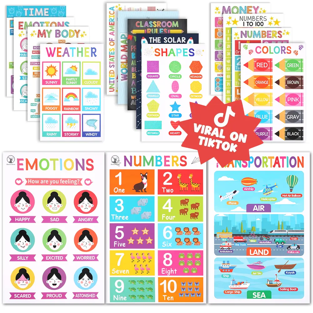 DeerSen 18 Boho Laminated Educational Posters for Preschoolers and Kindergarten Learning Poster Charts for Toddlers 1-3-5 Years Old ABC Alphabet, Numbers, Shapes,Homeschool and Classroom Decor for Kids' Walls,Homeschool PreK Classroom Must Haves