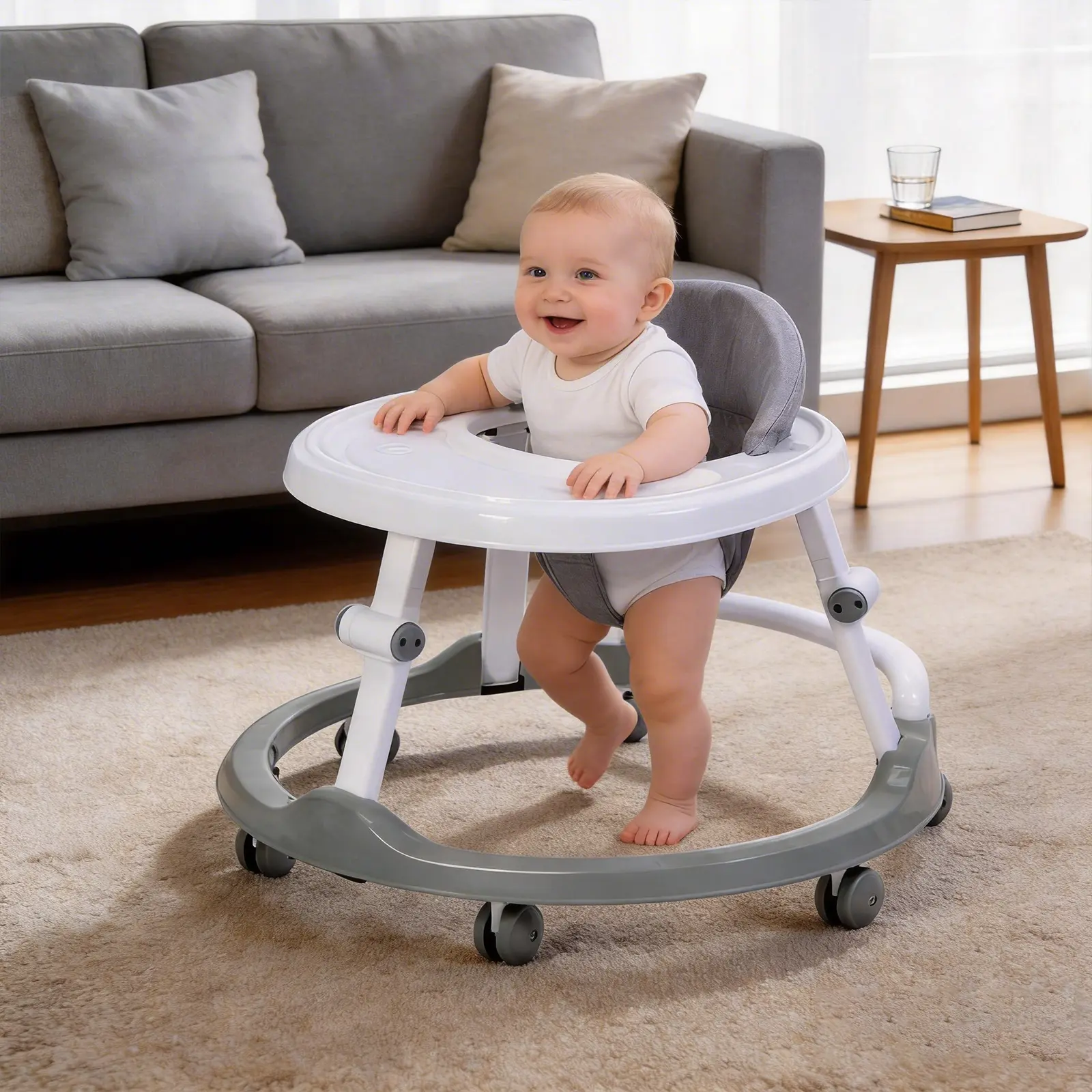 Baby Walker with Wheels for 6–18 Months, Foldable Toddler Walker with Adjustable Height, Stable Anti-Tip Design, Activity Walker for Boys & Girls-Grey