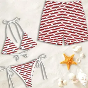 Patriotic Matching Couple Swimwear, Red White Blue Striped Star Bikini and Mesh Shorts, Ideal Gift for Anniversary & Vacation B4V