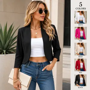Yesfashion Women's Chic Lady Fitted Basic Cropped Open-Front Blazer - Stand Collar, 3/4-Sleeve Ruched Cuff Jacket, 95% Polyester 5% Spandex Clothes