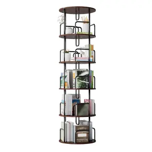 5-Tier Round 360 °   Rotating Bookshelf, 17.7*17.7*62.2 Inch Space-Saving Freestanding Shelf, Rounded Corner Wood Board Metal Frame, Adjustable Layer Stable Display Rack Easy Assembly for Home Office Living Room