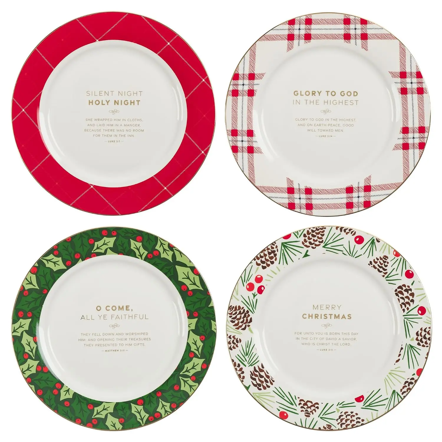 Christian Art Gifts Decorative 9" Ceramic Christmas Dinner Plate Set with Inspirational Advent Scripture: White/Red/Green Holly, Pine & Giftwrap Theme Designs, Gold Accents, Sturdy Dinnerware, 4 Pack