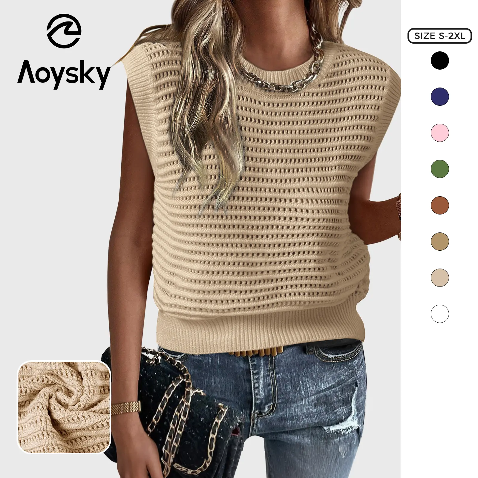 Aoysky Women's Elegant Plain Hollow Out Ribbed Knit Sweater Vest - Lightweight Pull-On Crew Neck Cap-Sleeve Summer Layering Top, Knitwear