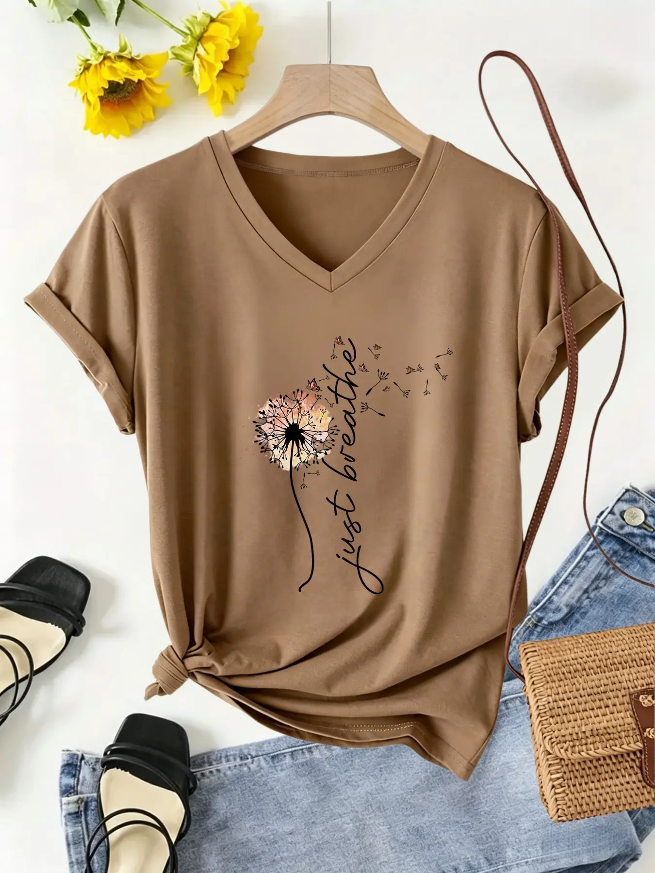 Dandelion & 'just Breathe' Print V-Neck Short Sleeve T-Shirt, Casual Fitted Top, Spring Summer Essential, Women's Fashion