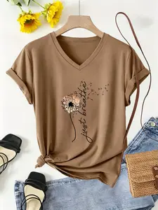 Dandelion & 'just Breathe' Print V-Neck Short Sleeve T-Shirt, Casual Fitted Top, Spring Summer Essential, Women's Fashion