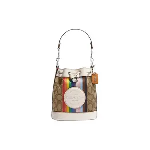 COACH Dempsey 14 Classic Monogram Color-Striped Canvas and Leather Bucket Bag for Women, Brown and White