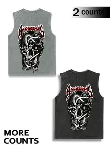 2-Pack Gothic Skull & Snake Graphic Sleeveless Tank Tops for Men, Distressed Vintage Washed Muscle Tees, Punk Rock Streetwear