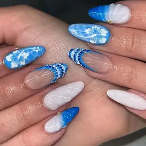 24pcs Summer Beach Shell Nail Art, Blue Gradient Hibiscus Medium Almond Shape, Glossy Finish