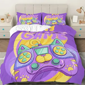 3PCS Duvet Cover Set, 1 Duvet+2 Pillowcases(Without filler), Gaming  Cat Purple Fun theme, Christmas bedding set, Gamer Graphic Suitable for decoration Bedroom Dormitory Game Room Apartment