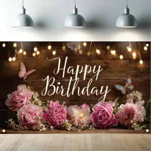 Country-style Happy Birthday backdrop tapestry, wood grain floral backdrop tapestry, suitable for women's birthday party decorations, retro interior wall decorations, and photo backdrops.