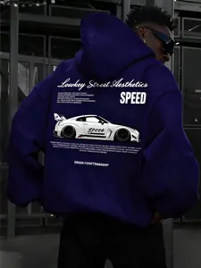 Men's Hooded Fitted Knit Sweatshirt with Car Print, Vintage Style Casual Fashion, Trendy Streetwear, Simple Outdoor Wear, Stylish and Unique Design