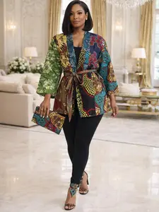 Women’s African Print Kimono Jacket – Multicolor Ankara Blazer with Belt, Statement Jacket