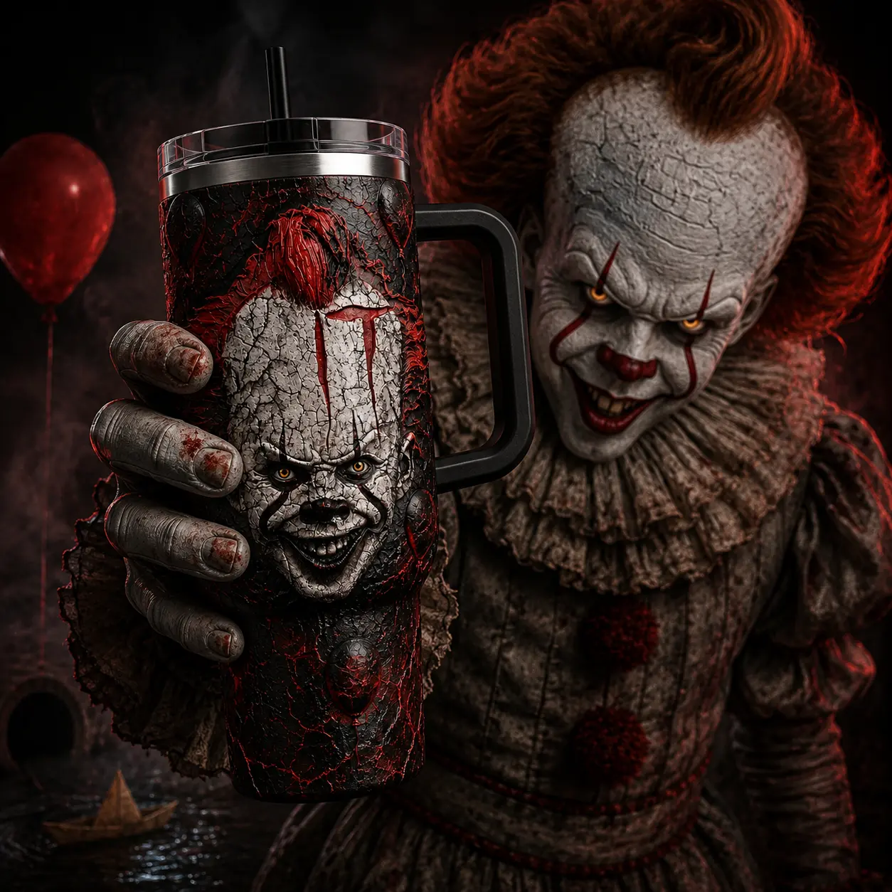 Pennywise IT Horror Movie Premium 40oz Stainless Steel Tumbler With Handle, IT Horror Movie Collector Vacuum Insulated Stainless Steel Travel Mug Gift, Halloween Theme Tumbler