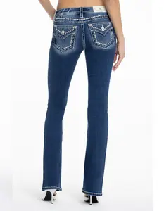 Miss Me Women’s Mid-Rise Bootcut Jeans - Washed Denim - Slanted Stitch & Rhinestone Details - Y2K-Vintage Women's Jeans - Wear All Seasons