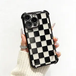 Black checkered four-corner drop-proof TPU phone case for iPhone Samsung Galaxy 17 Air 16Pro Max 15 14Plus 13 12 11 XR XS S25 S24 S23  Simple and stylish camera protection Shockproof Anti-Drop Shockproof Drop Protection Durable Phone Case.HY13