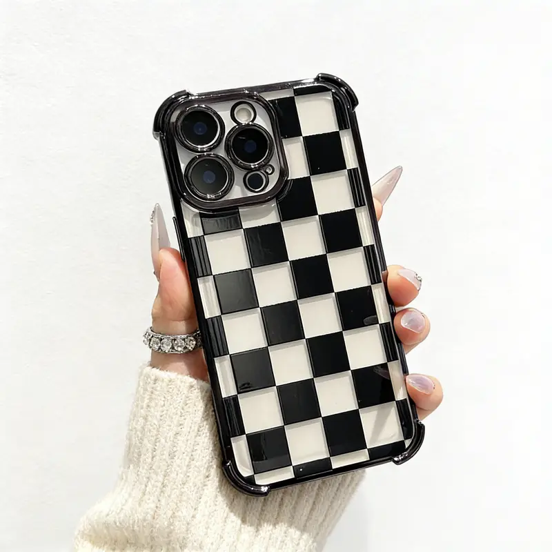 Black Checkered Silicone TPU Cellphone Casing Cover - Shockproof 4-Corner Drop-Proof, Camera Protection, Anti-Fingerprint, Durable Heavy-Duty Case for iPhone 17 Air,16 Pro Max,15,14 Plus,13,12,11,XR,XS & Samsung Galaxy S25,S24,S23 Mobile Phone Accessories