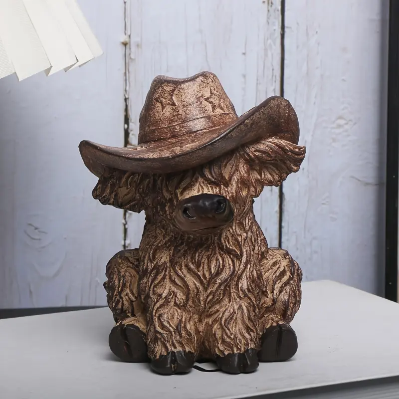 Charming Highland Cow Figurine with Cowboy Hat - Rustic Resin Farmhouse Decor for Home & Garden, No Electricity Needed, Perfect for Valentines Day or Year-Round Display, Tabletop Ornament | Contemporary Style | Handcrafted Appearance, Cow D