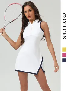 Women's Colorblock Collared Tennis Dress, Casual Sleeveless Zipper Side Slits Dress for Tennis, Ladies Sportswear for All Seasons, Tennis Athletic Dress, Tennis Attire