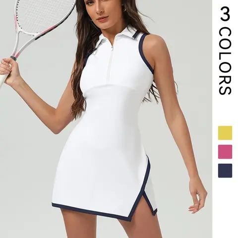 Women's Colorblock Collared Tennis Athletic Dress, Sporty Tennis Dress, Casual Sleeveless Zipper Side Slits Dress for Tennis, Ladies Sportswear for All Seasons