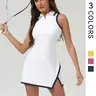 Women's Colorblock Collared Tennis Athletic Dress, Sporty Tennis Dress, Casual Sleeveless Zipper Side Slits Dress for Tennis, Ladies Sportswear for All Seasons
