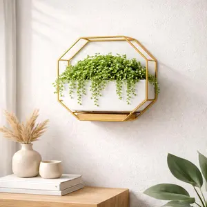 Wall Planter for Indoor  - Ceramic Wall  Planter Set with  Tray & Hooks - Decorative Wall  Holder - Modern Wall Planters for Vertical Garden  Decor - Golden