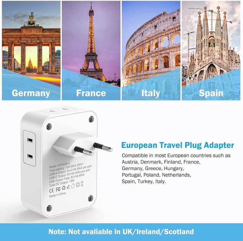 2 Pack European Travel Plug Adapter with USB C, to Power Adapters with 4 AC Outlets, 3 USB Ports, International Plug Adapter, 7 in 1 Travel Essentials for France Greece 2 Pack European Travel Plug Adapter with USB C, to Power Adapters with 4 AC Outlets, 3 USB Ports, International Plug Adapter, 7 in 1 Travel Essentials for France Greece