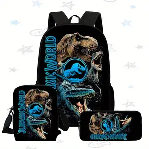 Jurassic World 3-Piece Backpack Set, T-Rex & Velociraptor Print School Bag + Lunch Bag + Pencil Case, Oxford Cloth Adjustable Strap Daypack for Dinosaur Fans & Kids