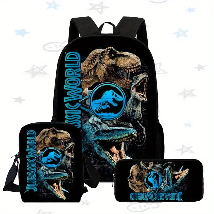 Jurassic World 3-Piece Backpack Set, T-Rex & Velociraptor Print School Bag + Lunch Bag + Pencil Case, Oxford Cloth Adjustable Strap Daypack for Dinosaur Fans & Kids