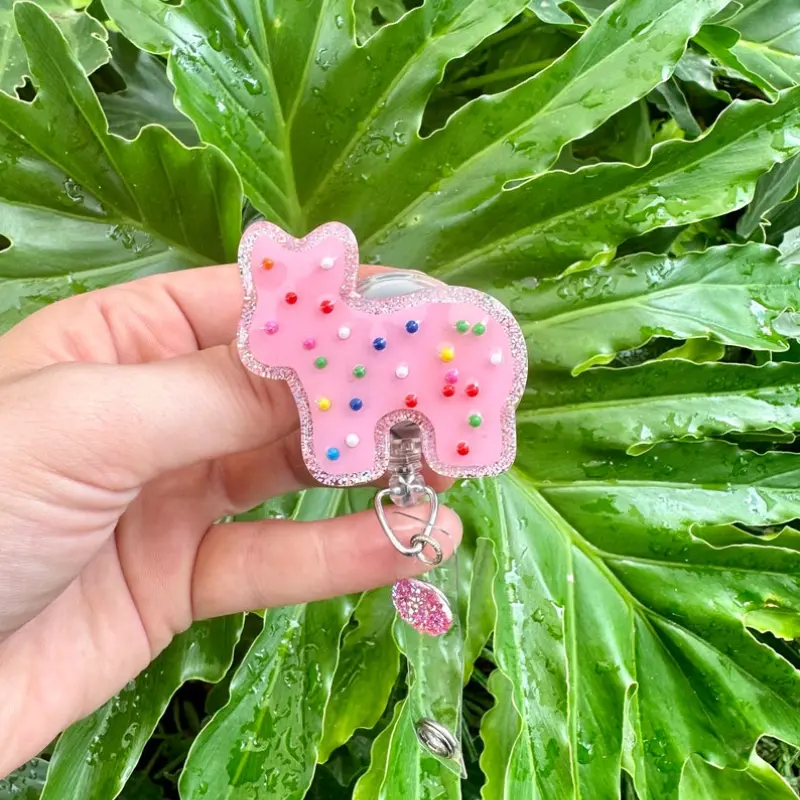 Pink Animal Cookie With Sprinkles Badge Reel, Dessert Badge Reel, Frosting Badge Reel Nurse, Badge Reel Custom, Badge Reel Personalized
