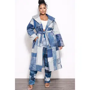 Final Sale Plus Size Faux Denim Printed Patchwork Print Coat