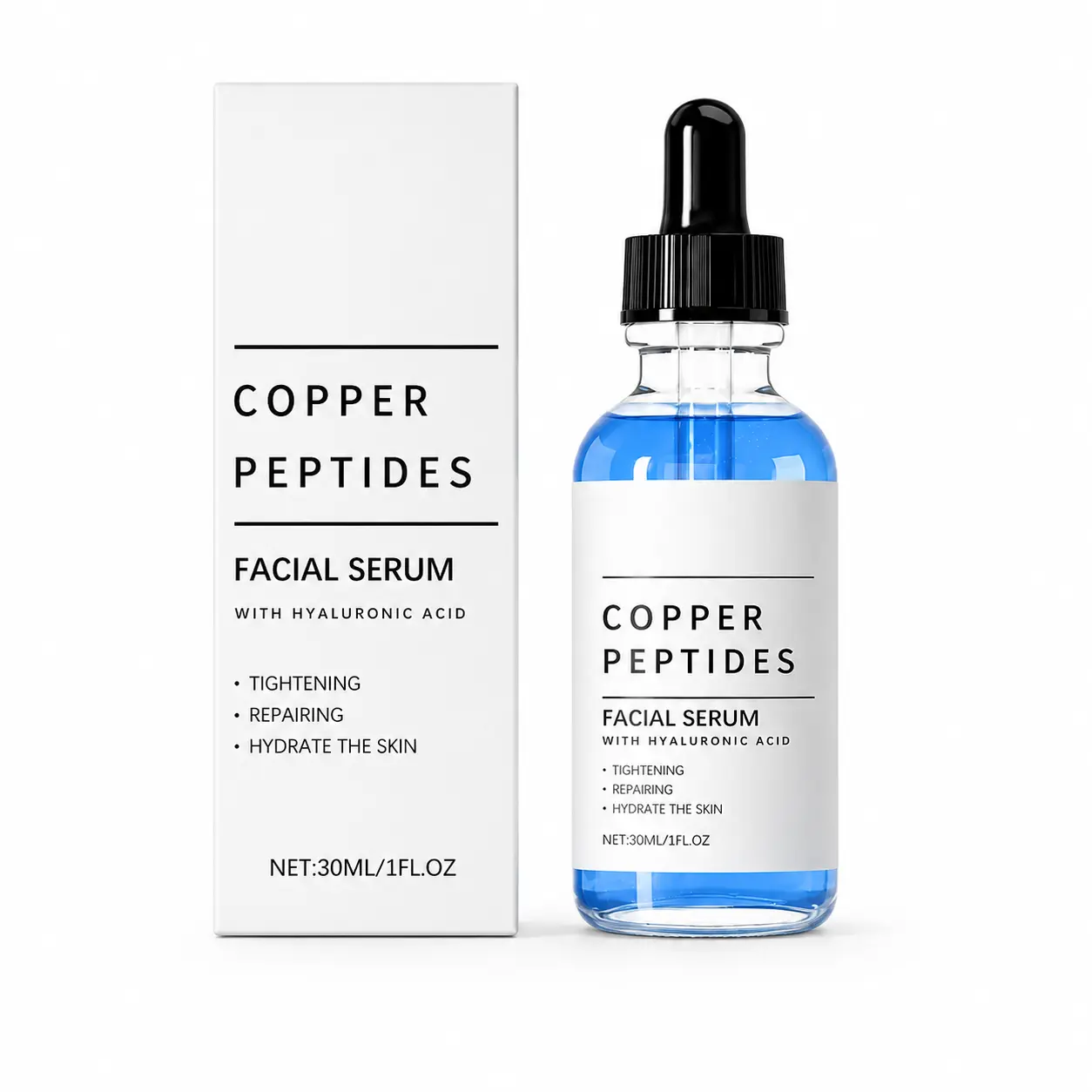 GHK-Cu Copper Peptide Face Serum Blue Copper Tripeptide-1 Hydrating Facial Essence with Hyaluronic Acid Lightweight Non-Sticky Formula Smooth Skin Texture Glowy Prep Serum Under Makeup All Skin Types Gentle Daily Self Care Skincare 1oz Portable Bottle