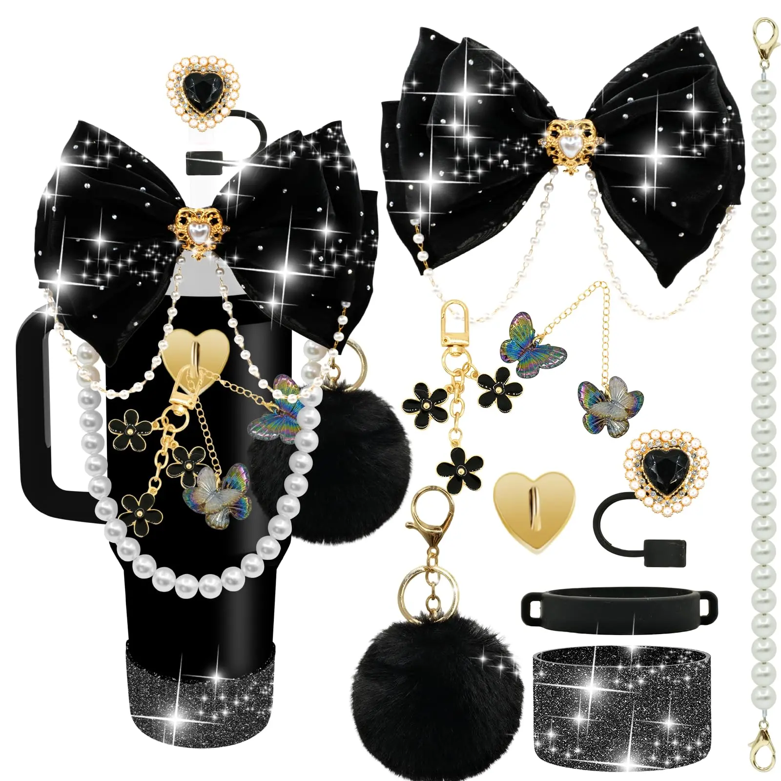 Bling Cup Accessories For 40/30/20 Oz Tumbler With Handle Including Glitter Bow Straw Topper  Heart Cover Water Bottle Strap Boot Pom-pom Keychain Charms(black)