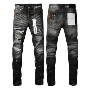Men's casual purple jeans, comfortable hole fashion straight leg slim fit elastic pants, street jeans.