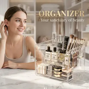 1 piece three-tier cosmetic storage box, made of acrylic. Ideal for storing skincare products and perfumes. Perfect gift for pretty girls or those who prefer a tidy desk environment. Also great for organizing students’ school supplies.