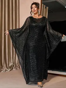 Plus Size Women's Round Neck Batwing Sleeve Sequin Long Dress, Elegant Party Gown, Mixed Fabric Evening Prom Carpet Dress