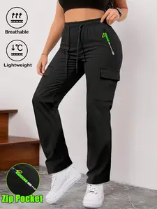 Women's Solid Breathable Cargo Joggers, Drawstring Elastic Waist Multi-Pocket Design, Wear Resistant Loose Casual Long Pants, All-Match Fashion for Sports, Training & Daily Leisure