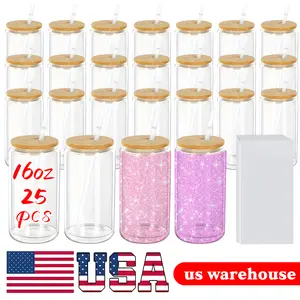 16Oz Double Wall Snow Globe Glass Tumblers Sublimation Blanks Tumblers Plastic Straw , Pre Drilled Hole And Plug Best DIY Gift Bottle Drinkware Cup Containers Star Bottled Mug Portable Washable Lid Reusable Customizable Individual Packaging
