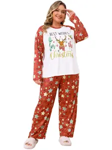 Agnes Orinda Women's Plus Size Christmas Pajamas Set 2 Piece PJ Soft Sleepwear Long Sleeve Top and Pants Lounge Set White Red