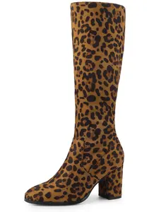 BLISSFUL STEP Women Round Toe Chunky Heels Knee High Boots Leopard