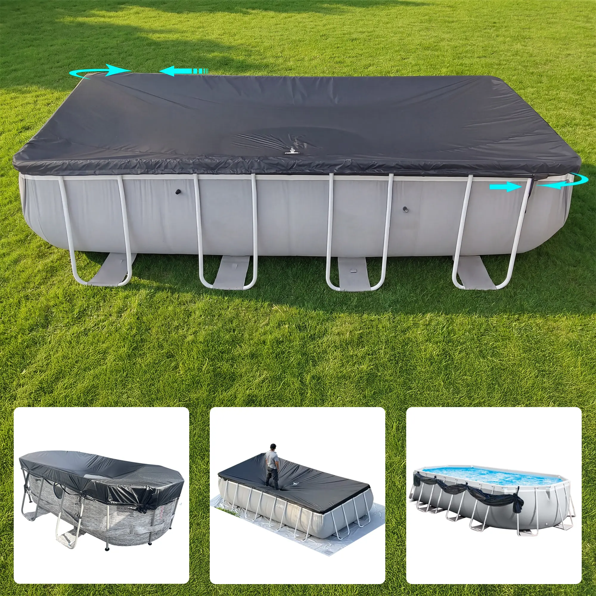 SIHAIAN Rectangular Pool Cover with Side Storage for Oval and Rectangular Above Ground Pool, One-Piece Solar Oval Pool Cover, Preventing Waterlogging, UV and Weather Resistant WP:10000kPa+