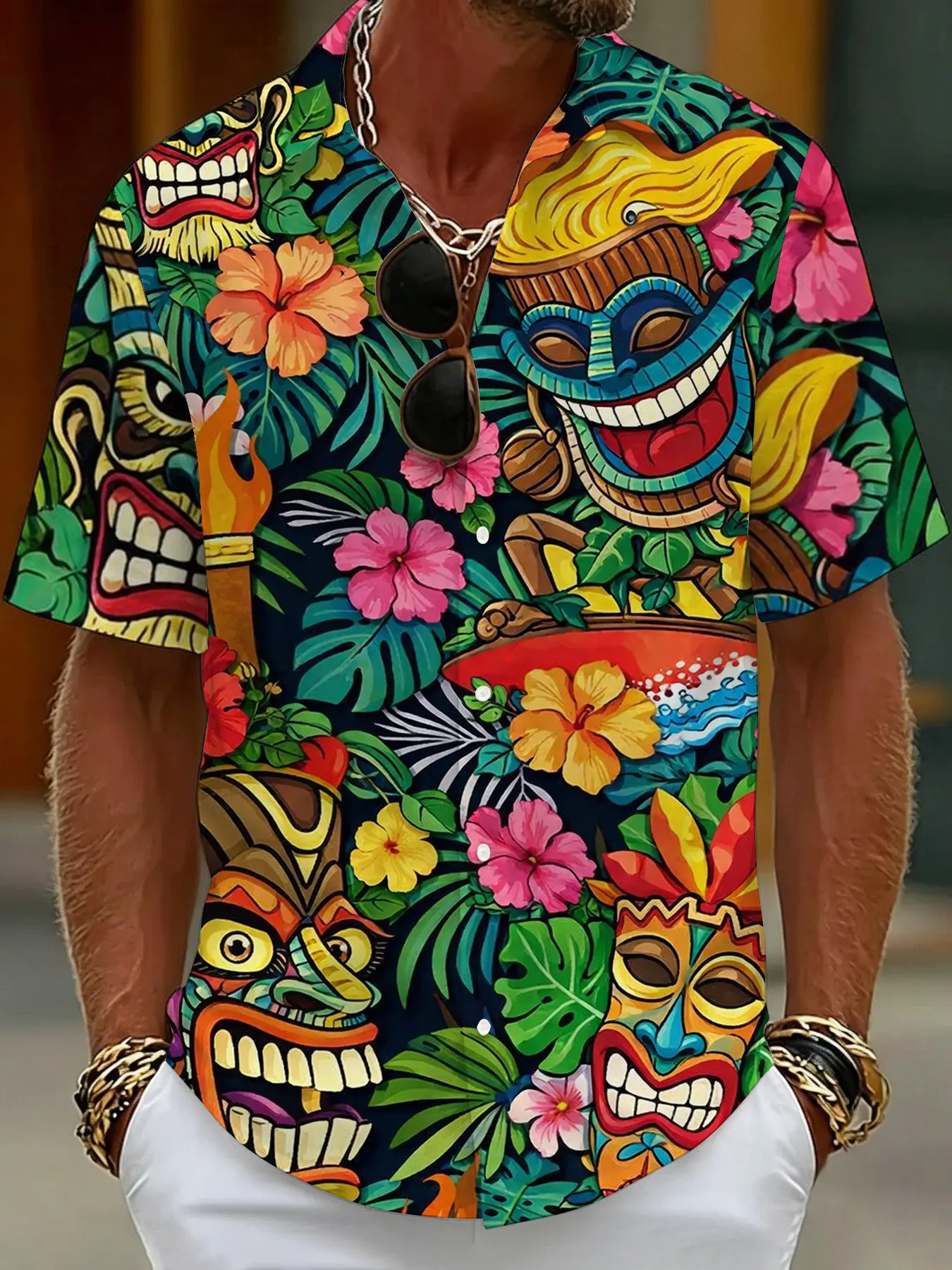 Hawaiian-style Tiki mask tropical floral print casual printed short-sleeved shirt