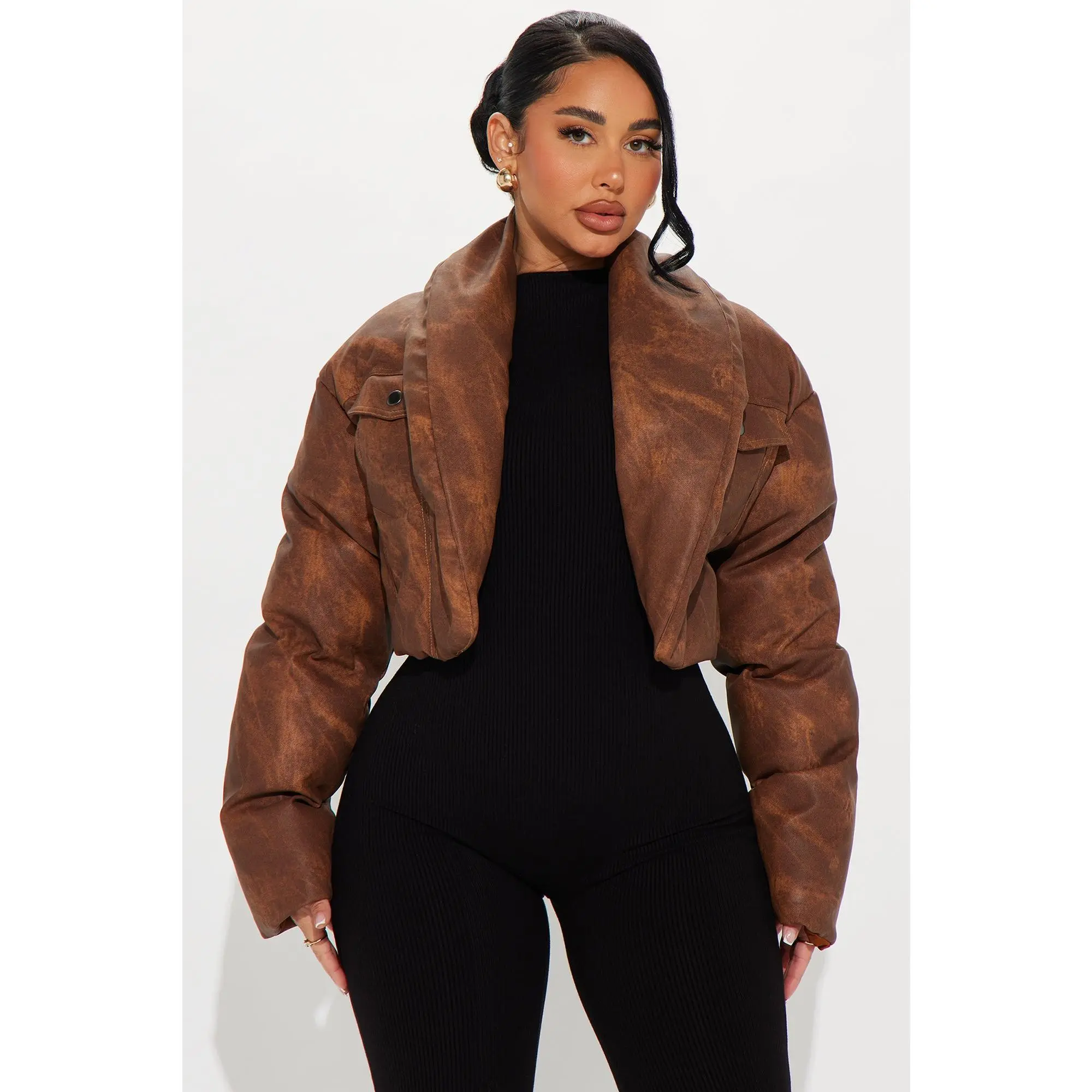 Cloud Hopping Faux Leather Puffer Jacket - Brown