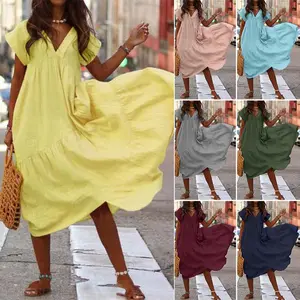 2025 Summer Hot plus Size Multi-Color Cotton and Linen Loose V-neck Women's Dress